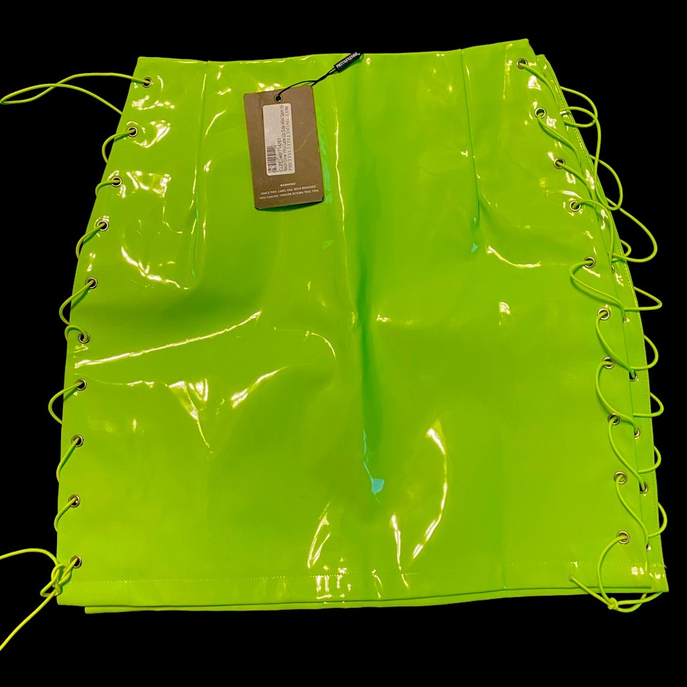 Neon Lime Vinyl Lace Up Side Mini Skirt